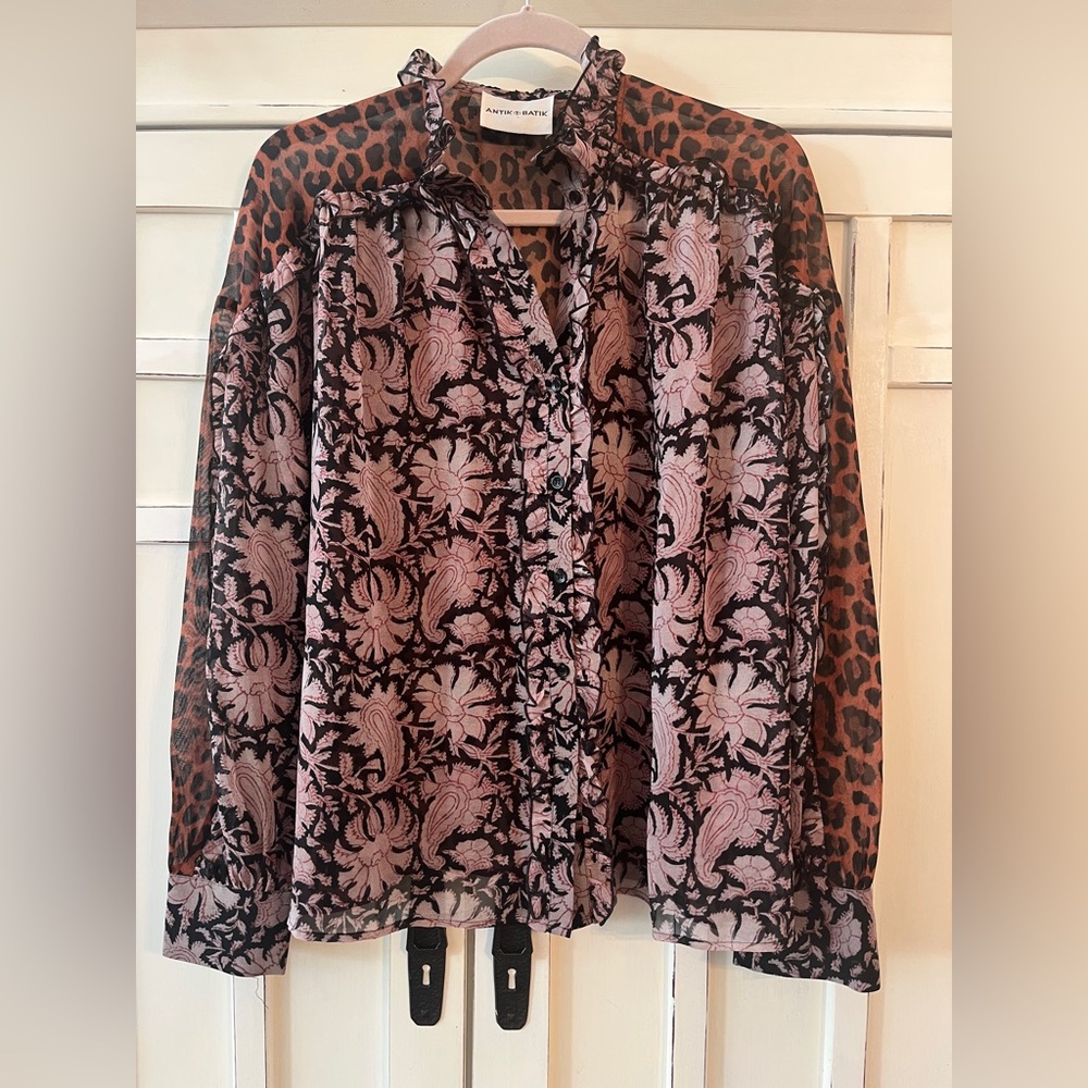 Antik Batik Silk Print Blouse Semi Sheer Floral/leopard print size M